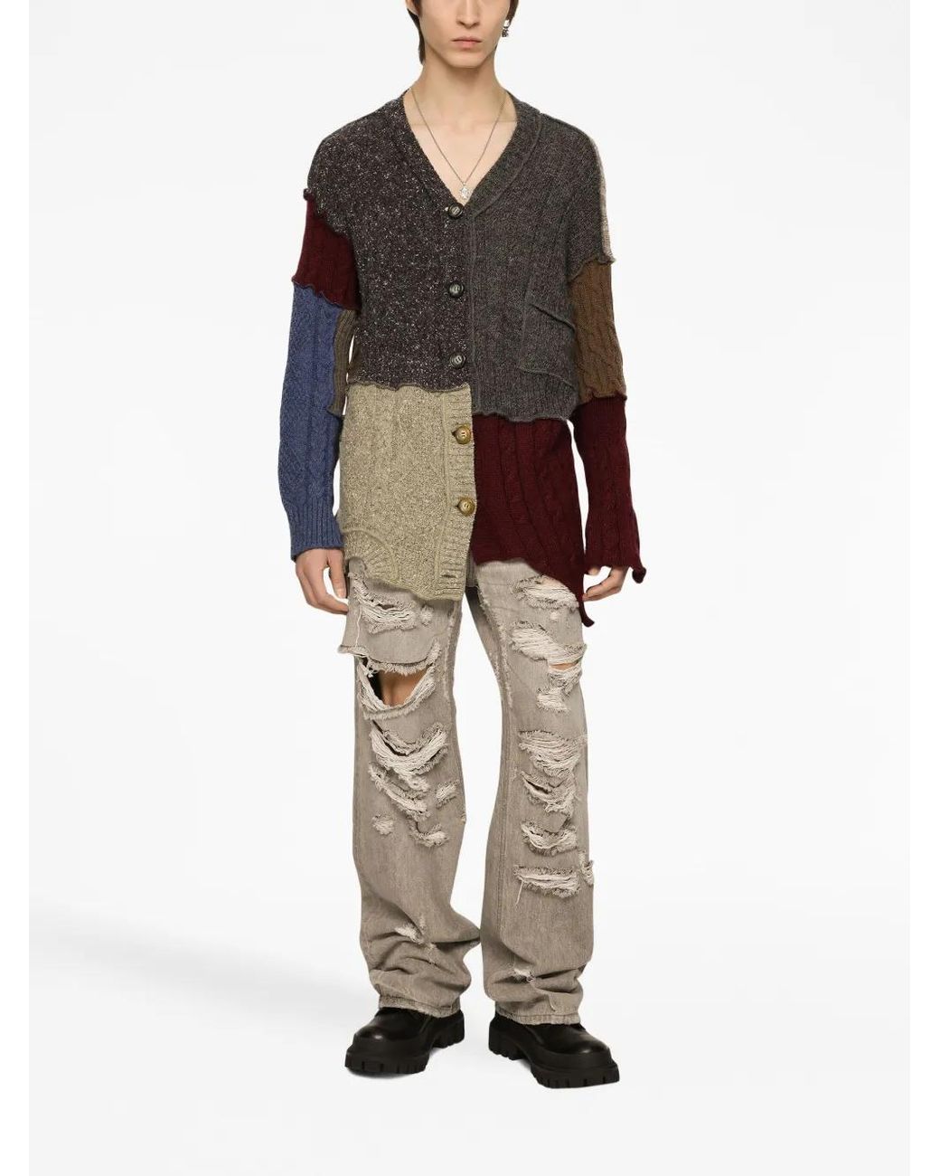 Dolce & Gabbana Brown Patchwork Distressed Cardigan for men