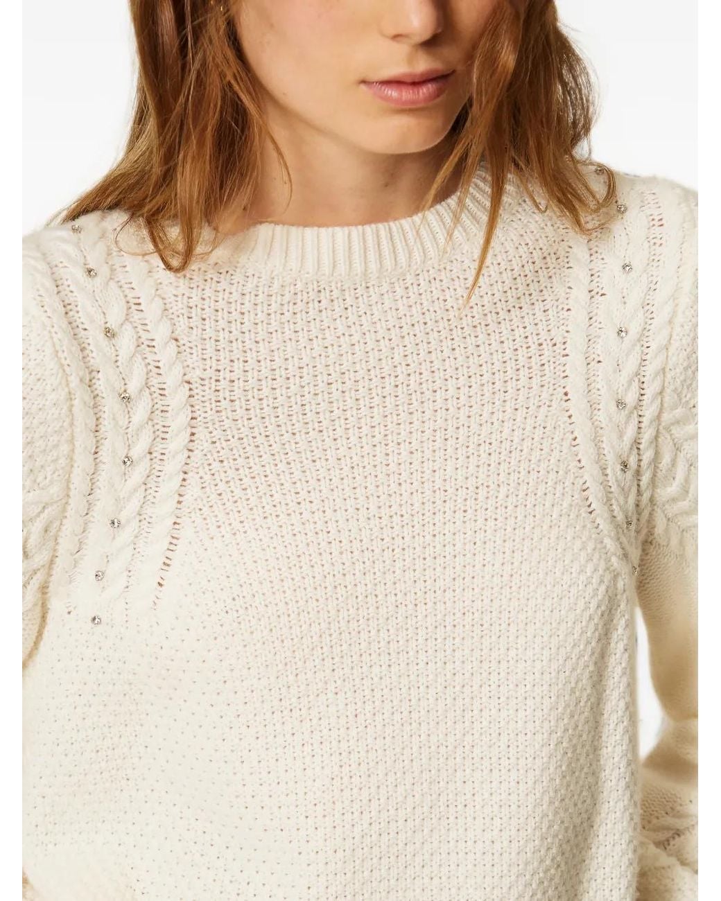 Twinset White Wool Blend Sweater With Cable-Knit And Rhinestones