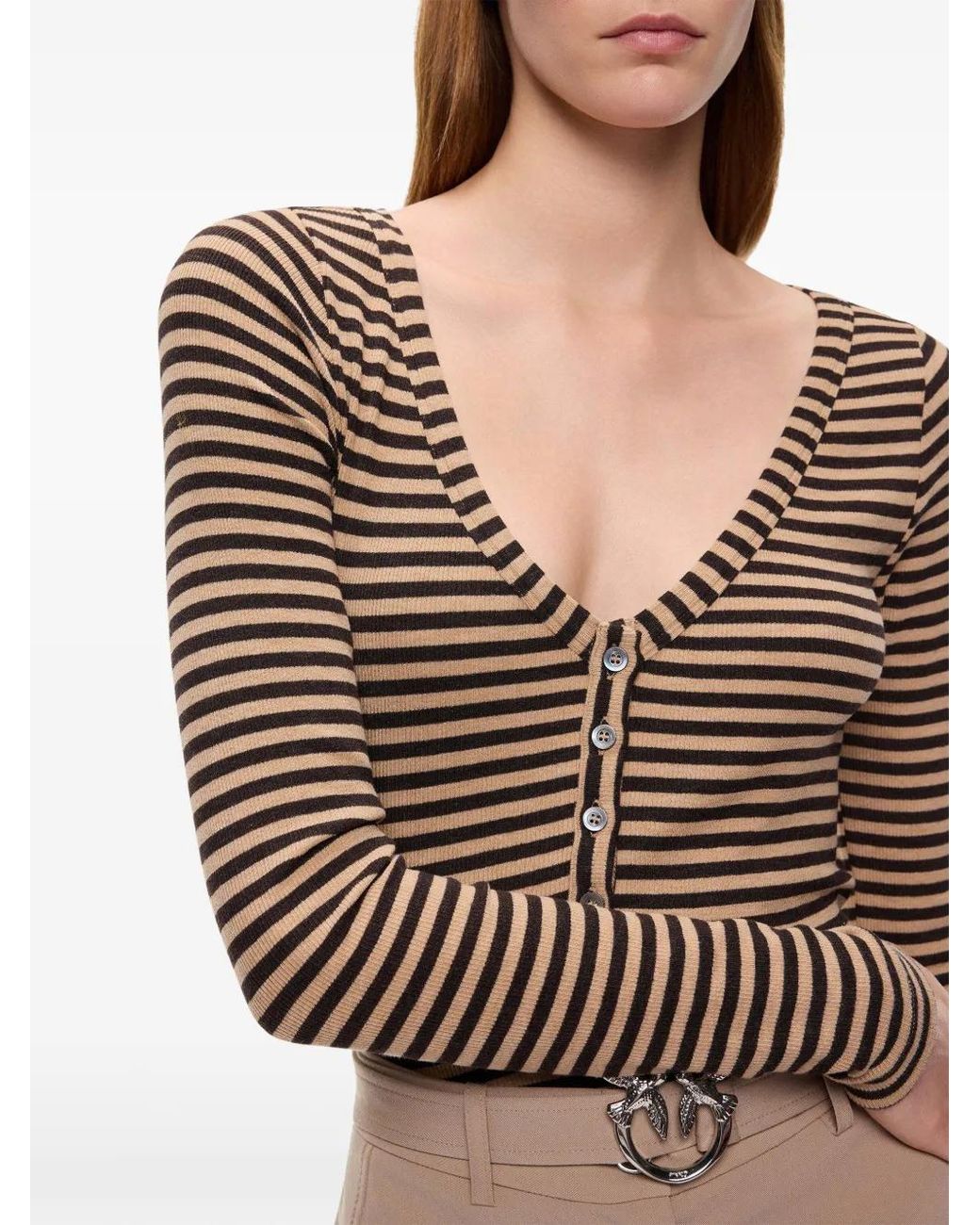 Pinko Brown Striped Wool-Blend Henley Sweater
