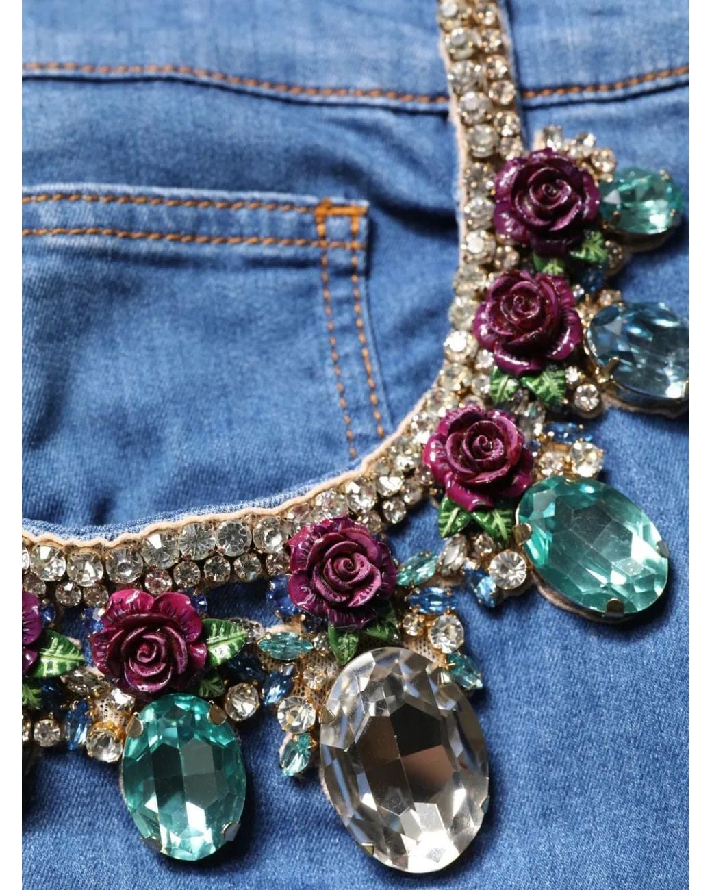 Dolce & Gabbana Blue Embellished Frayed-Hem Shorts