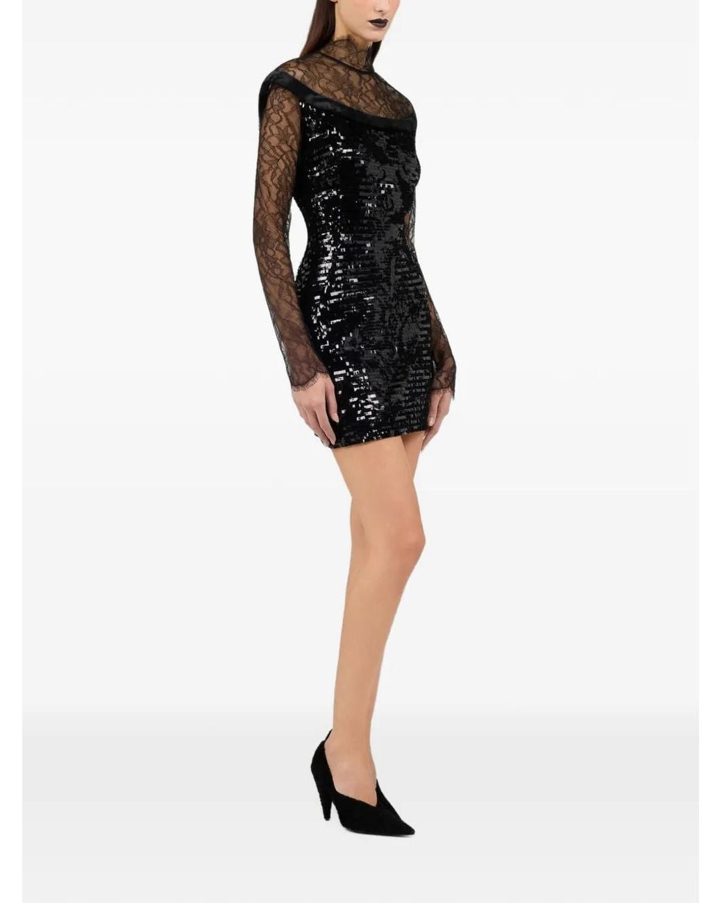 Roberto Cavalli Black Sequin-Embellished Lace-Panel Mini Dress