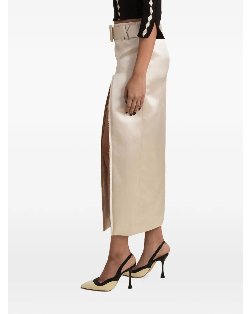 Contessa Mills White Morgaine Belted Side-Slit Skirt