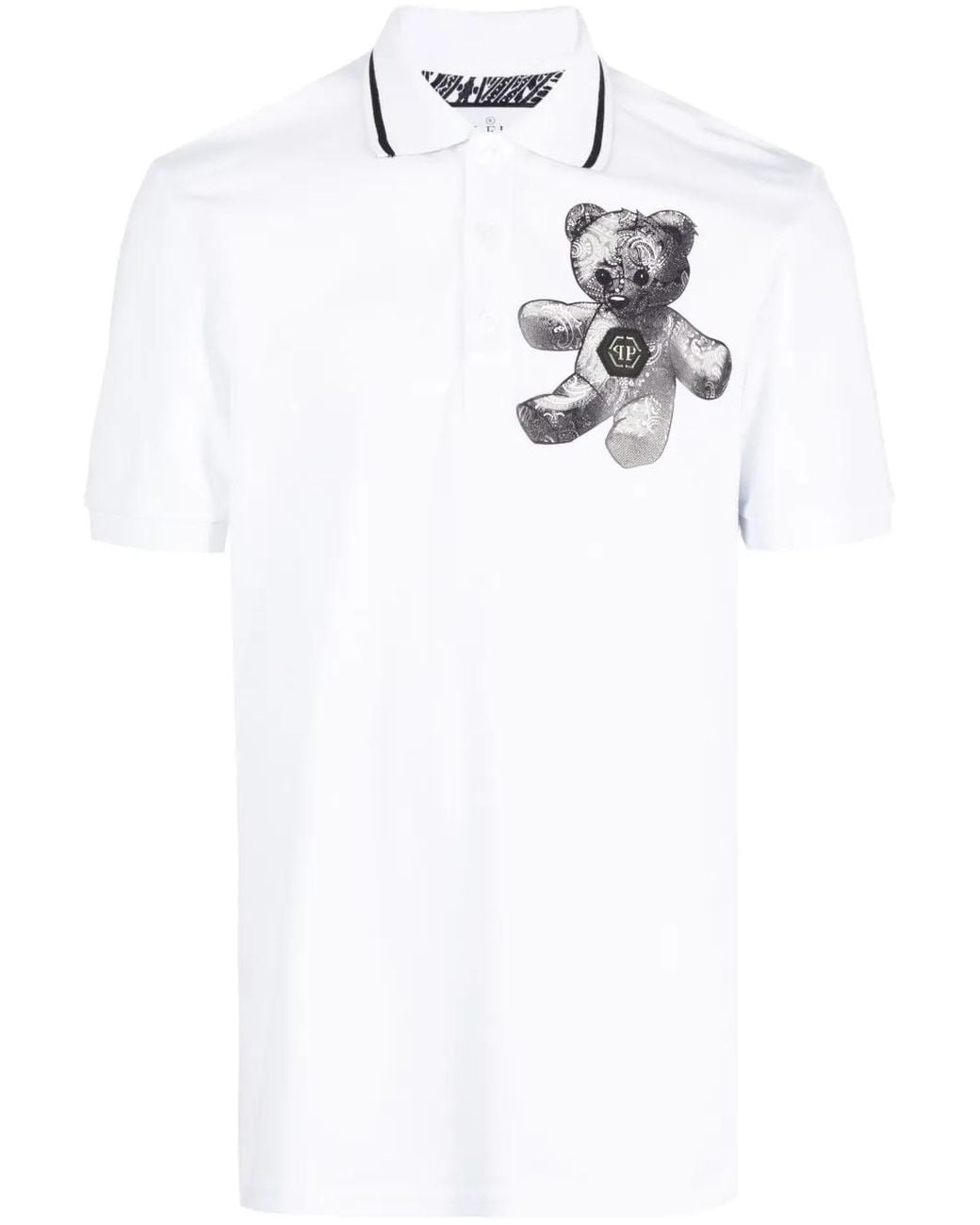 Philipp Plein White Paisley Teddy Bear Polo Shirt for men