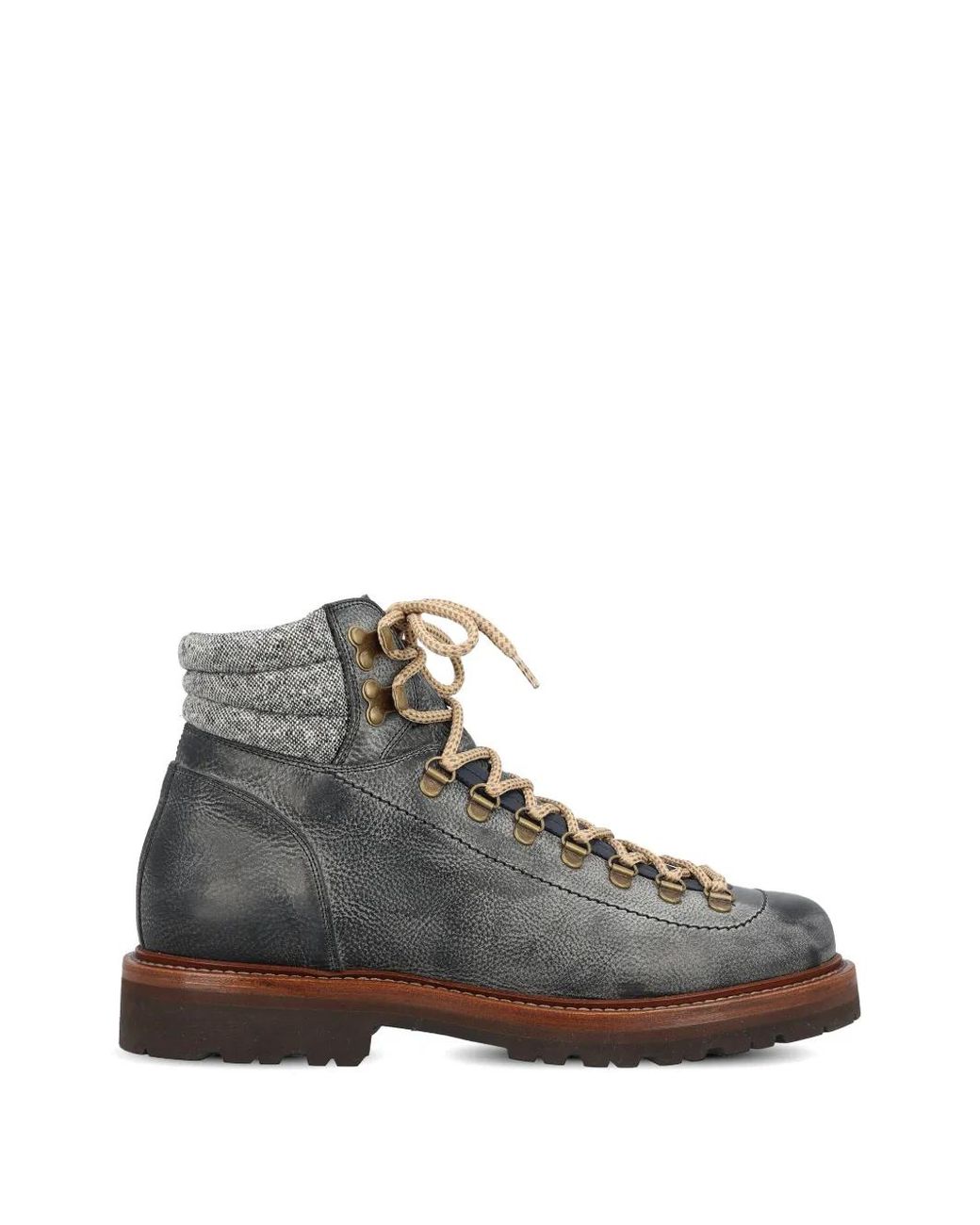 Brunello Cucinelli Gray Grained Calfskin Mountain-Style Boots With Wool And Cashmere Insert for men