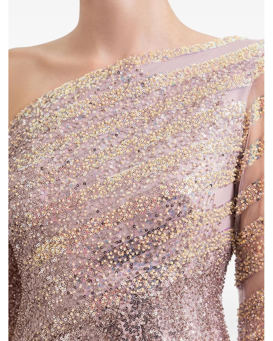 Gemy Maalouf Natural Asymmetrical Beaded Gown