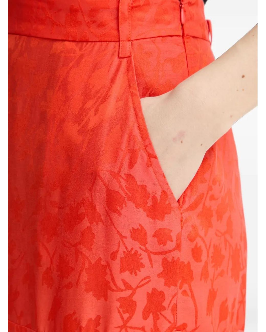 Pinko Red Floral-Jacquard Asymmetric-Hem Midi Skirt