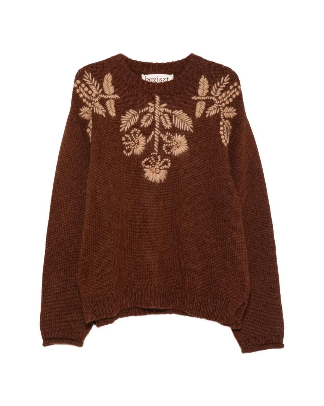 BAZISZT Brown Floral-Embroidered Chunky-Knit Sweater for men