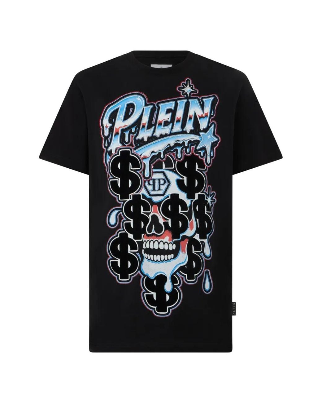 Philipp Plein Black Round Neck T-Shirt Dollar Dripping Skull for men