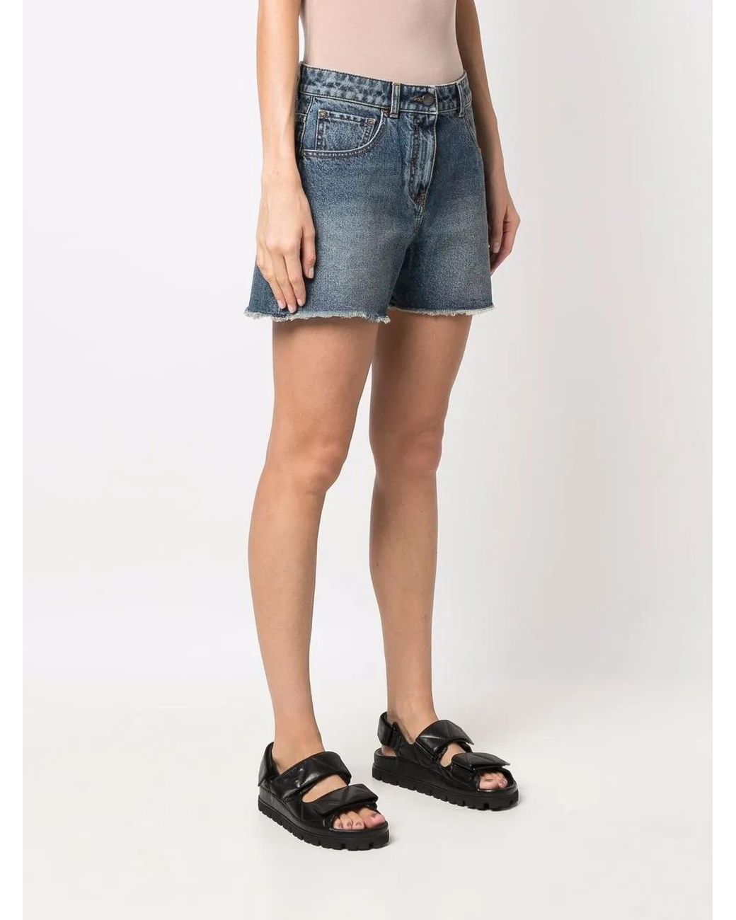Palm Angels Blue Palm Tree-Embroidered Frayed Denim Shorts