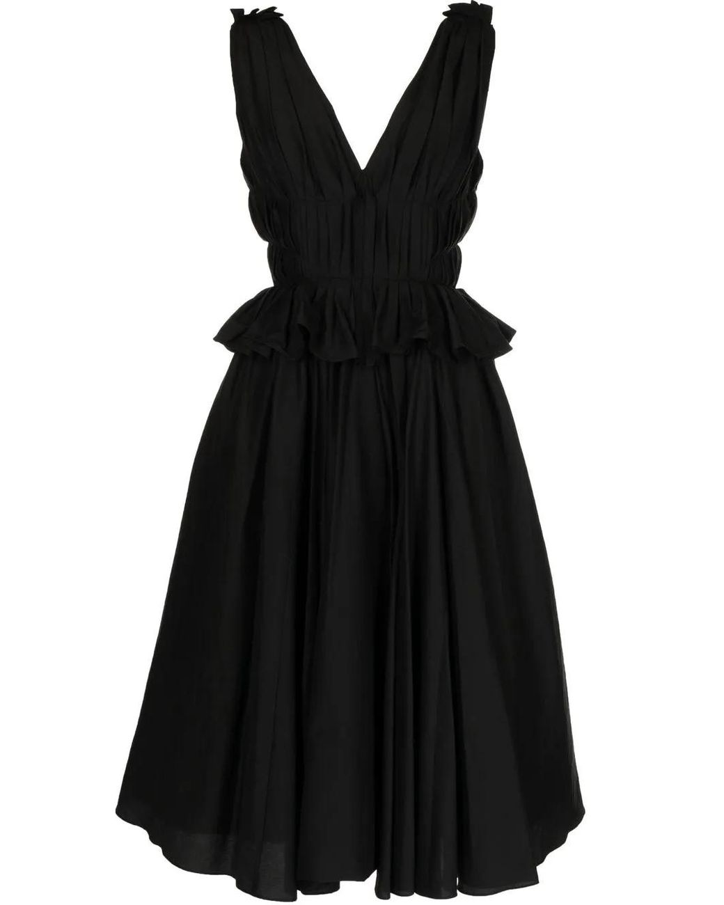 Pushbutton Black V-Neck Midi Dress