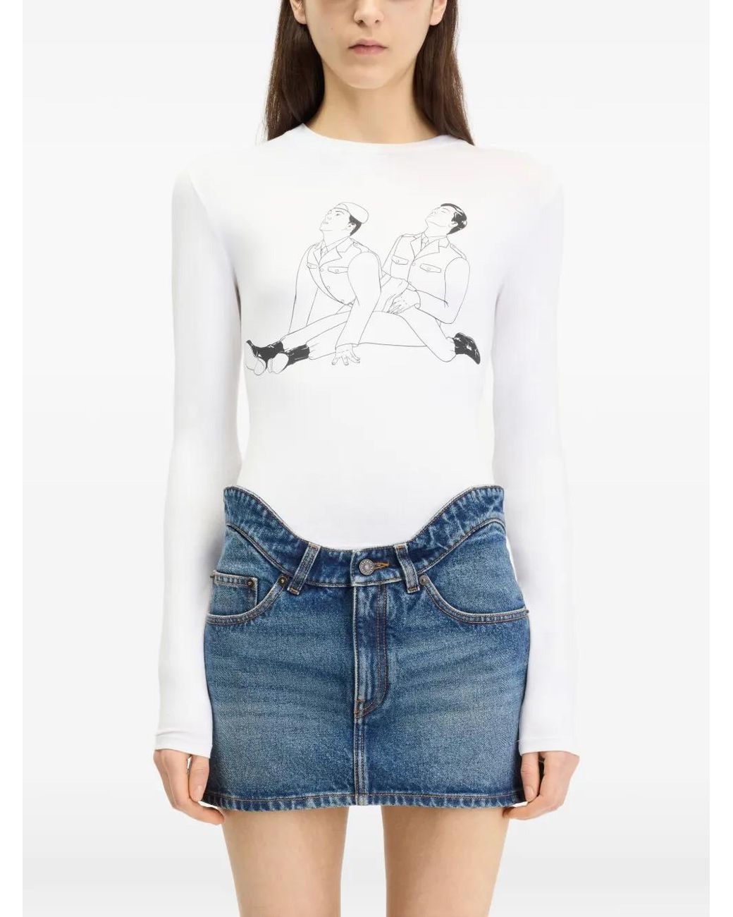 Jean Paul Gaultier White Stretch-Cotton-Jersey Long-Sleeves Top Printed Kamasutra