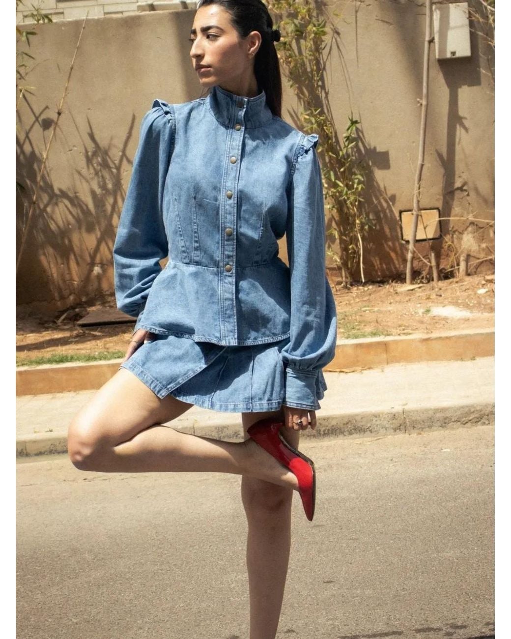 SOEUR & FRÈRES Blue Pearl Peplum Denim Top