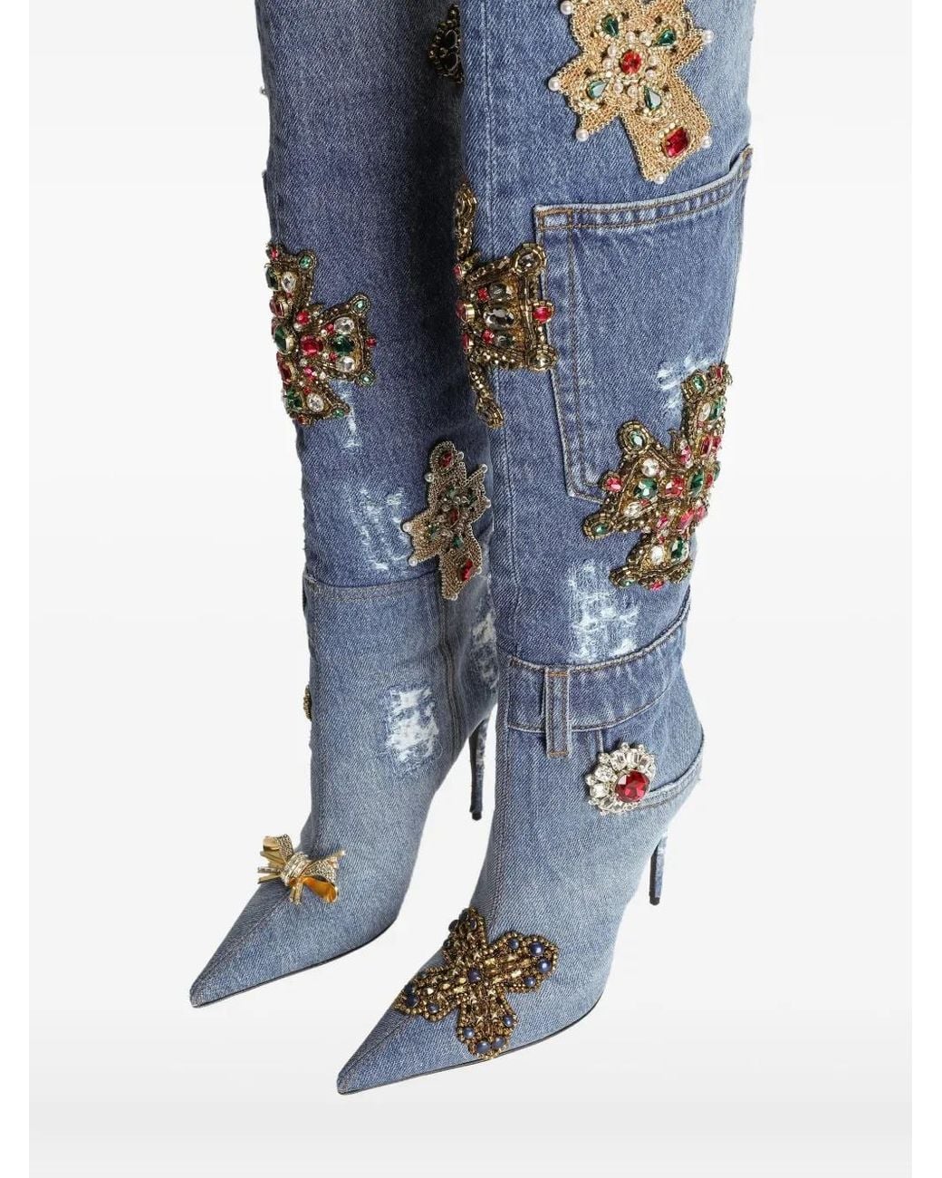Dolce & Gabbana Blue Denim Lollo Boots With Embroidery And Stones