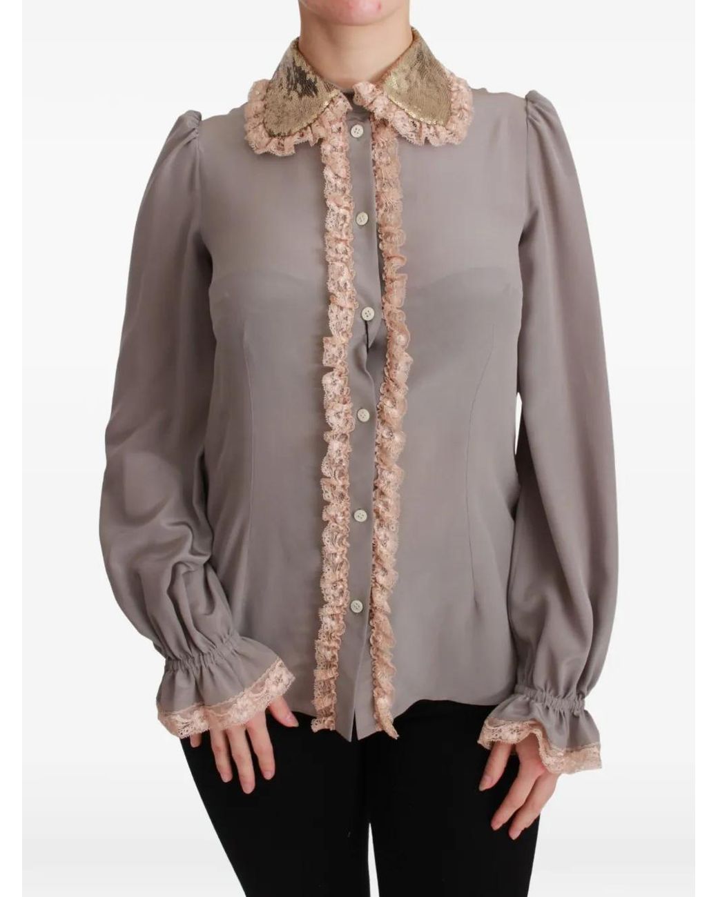 Dolce & Gabbana Gray Lace-Trimmed Sequin-Collar Shirt