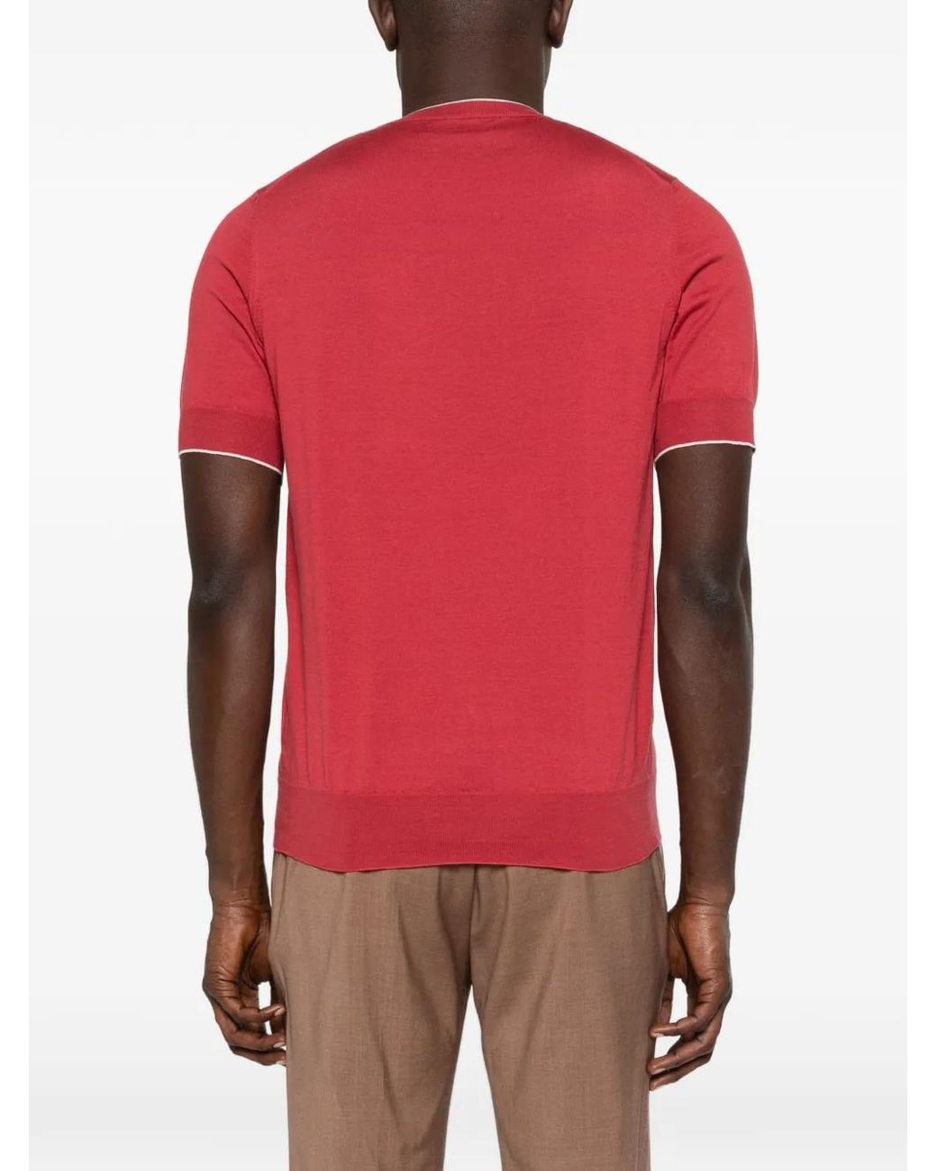 Brunello Cucinelli Red Cotton Lightweight Knit T-Shirt With Contrast Details for men