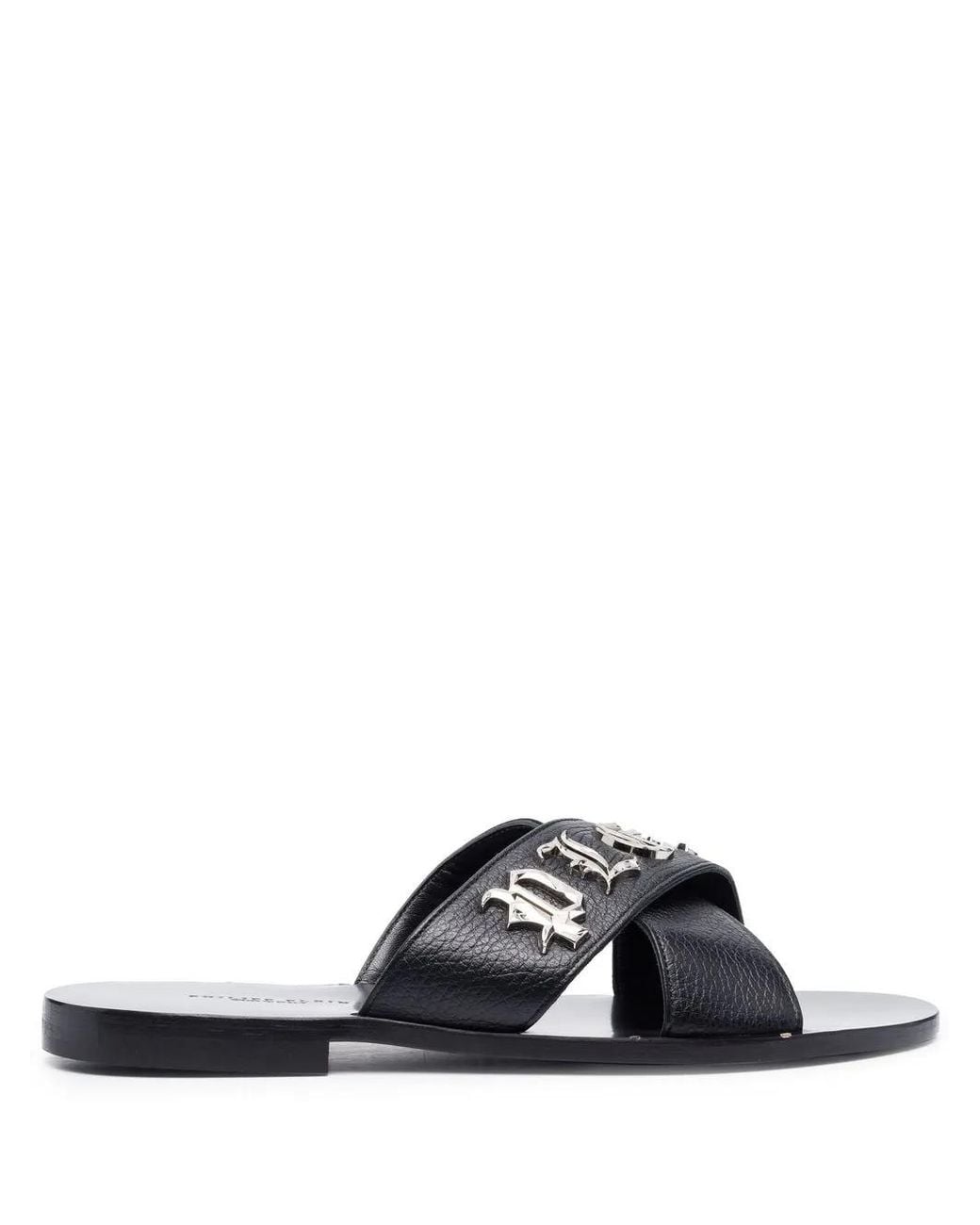 Philipp Plein Black Cross-Strap Leather Slides for men