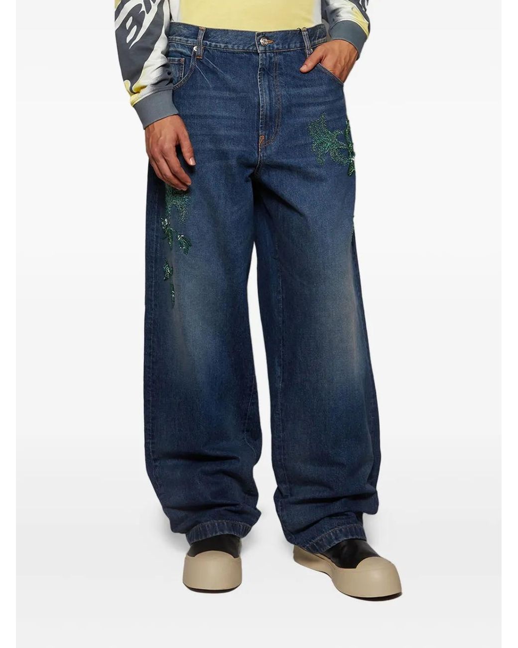 Bluemarble Blue Stonewashed Botanic-Embroidered Jeans for men