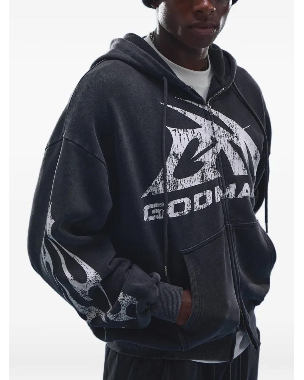 GODMADE Blue Logo-Print Flame-Detail Hoodie for men