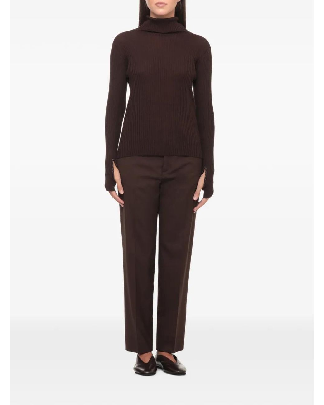 Panicale Brown Ribbed-Knit Roll-Neck Sweater