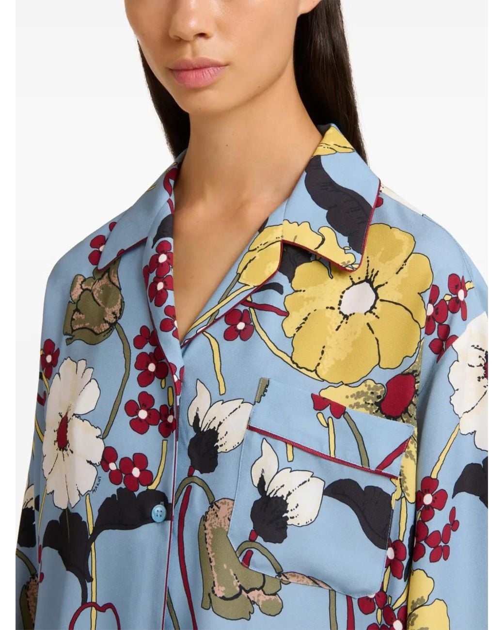 Marni Blue Floral-Print Long-Sleeve Satin Shirt