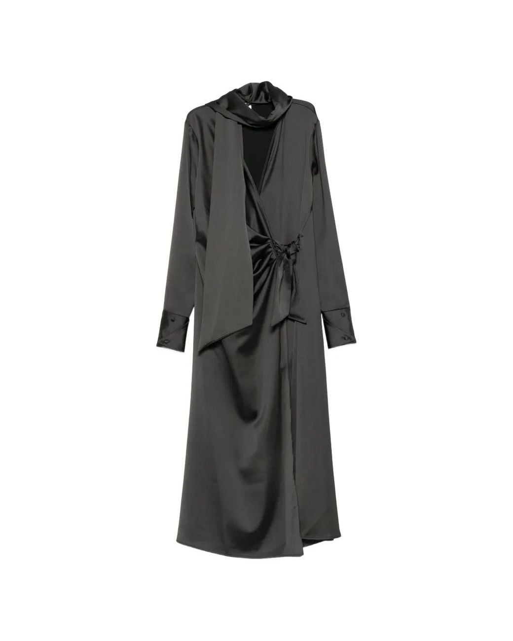 Imperial Black Satin-Finish Wrap Midi Dress