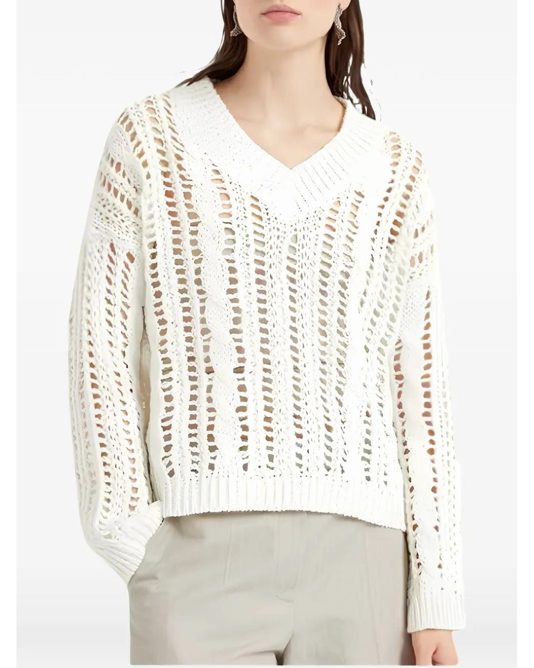 Brunello Cucinelli White Cable-Knit Open-Work Sweater