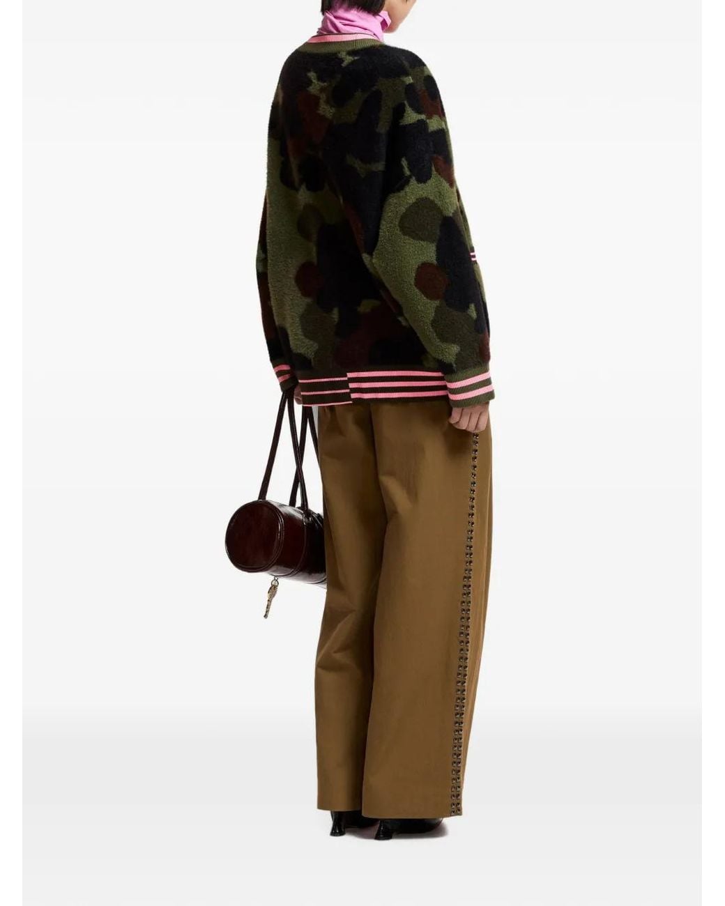 Essentiel Antwerp Black Kamoo Camouflage-Jacquard Striped-Trim Cardigan