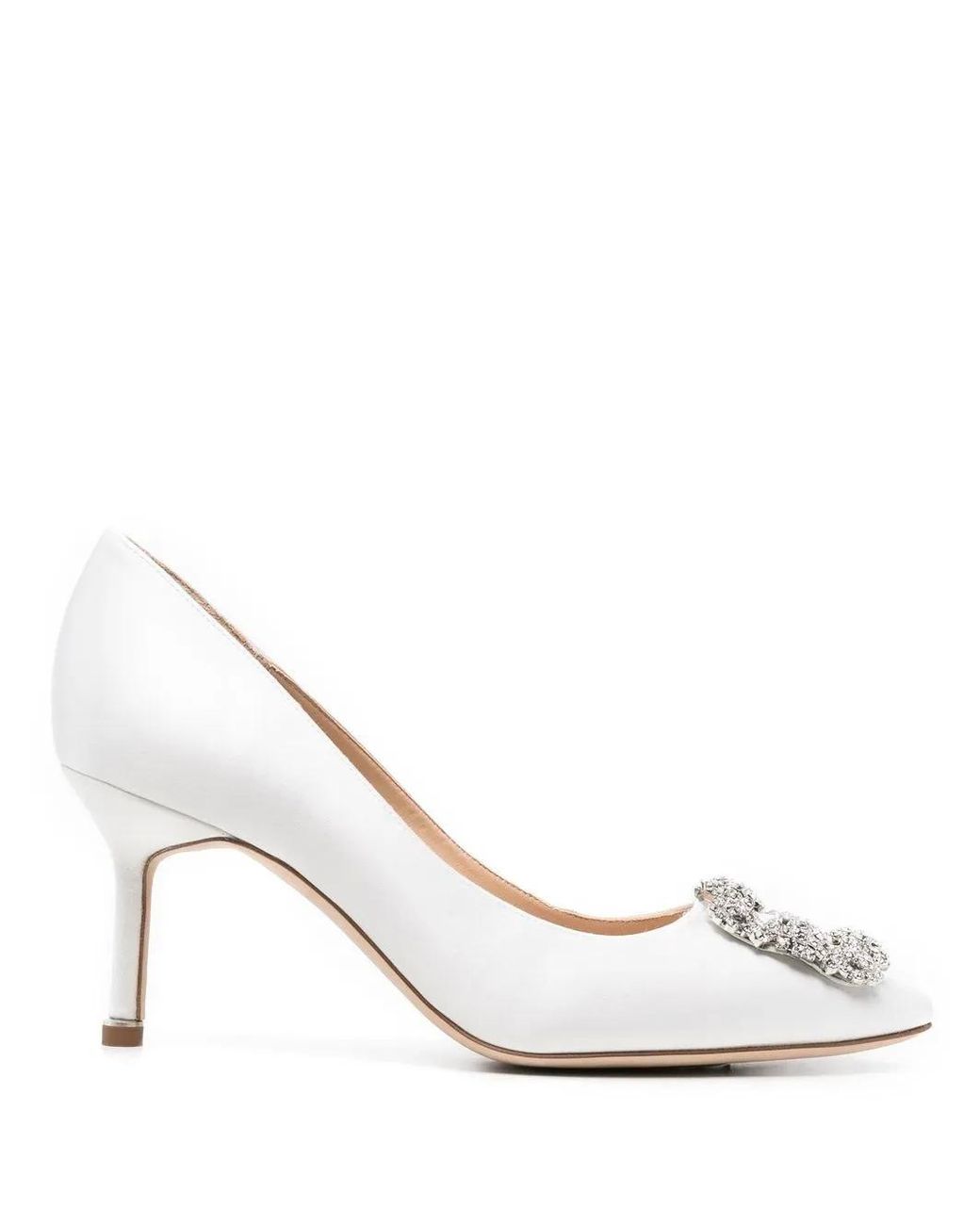 Manolo Blahnik White Hangisi 70 Satin Jewel Buckle Pumps
