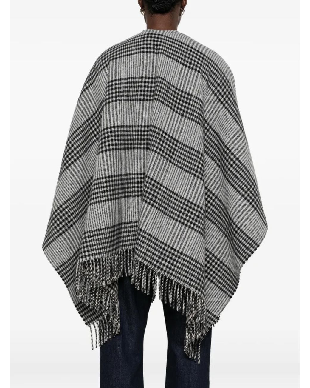 Woolrich Gray Check-Pattern Fringed Cape