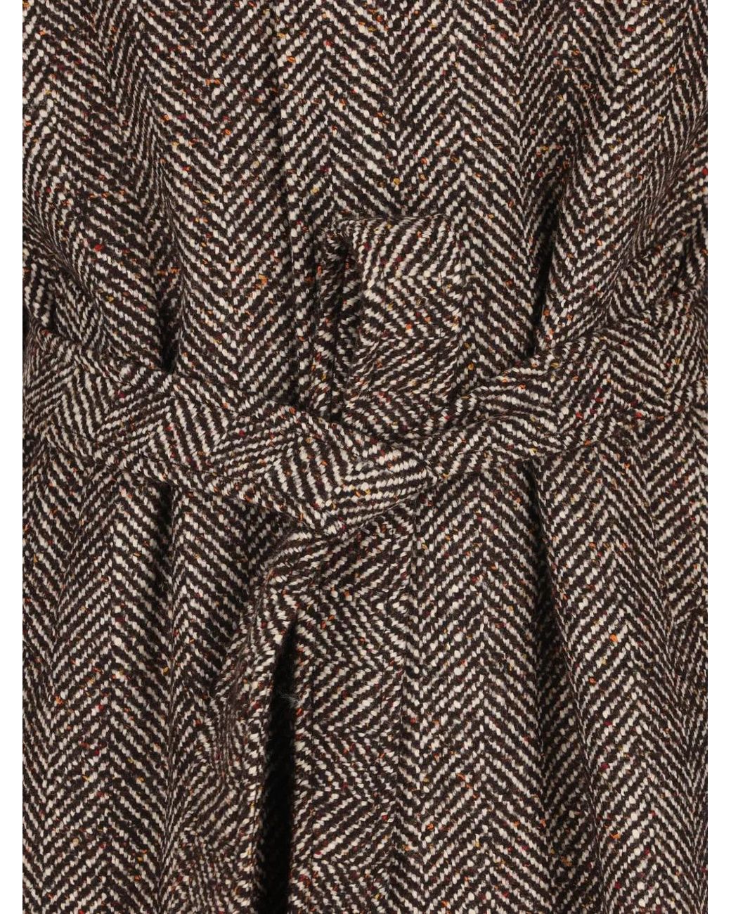 Tagliatore Brown Herringbone-Pattern Belted Coat for men