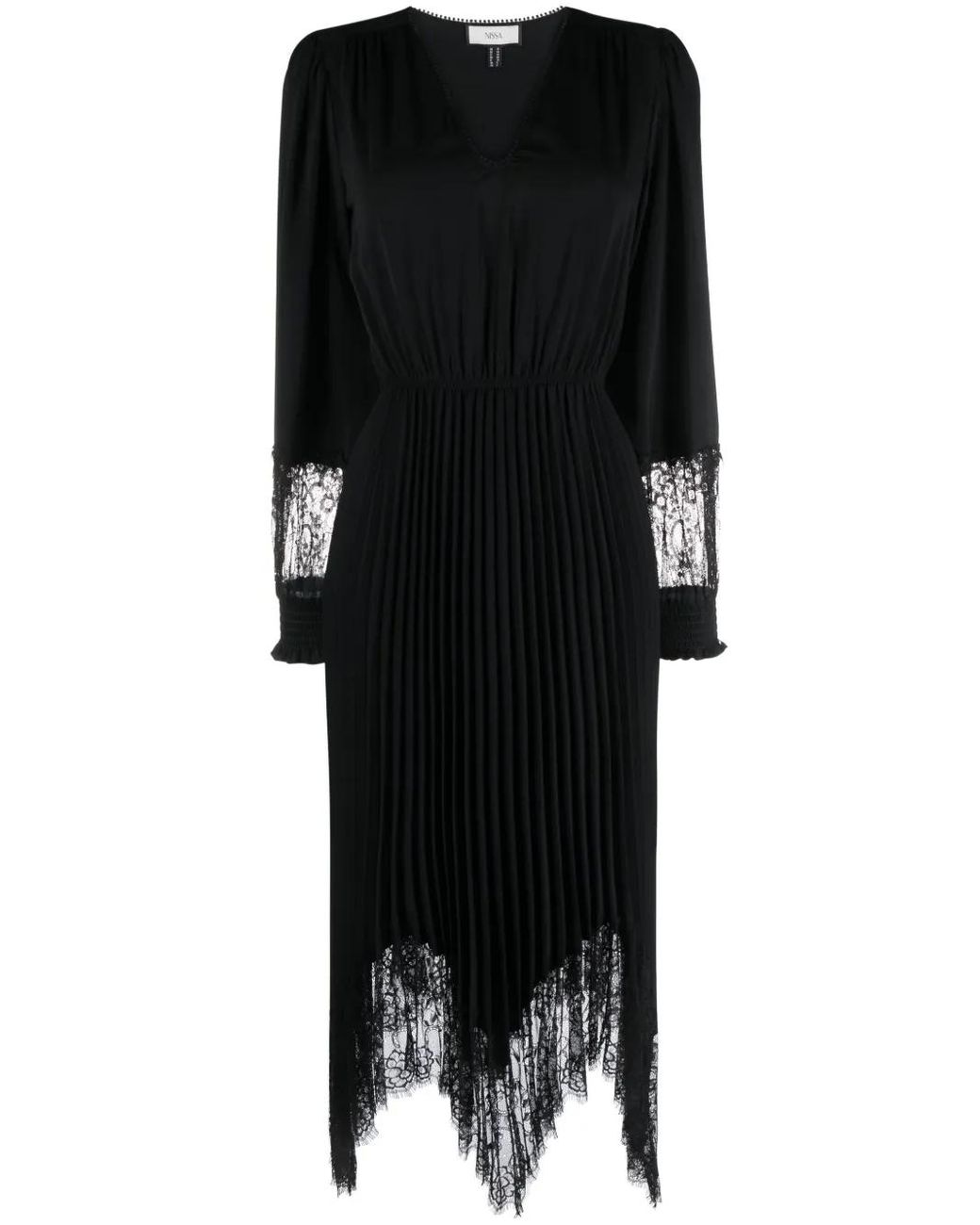 Nissa Black Lace-Trimmed Pleated Dress