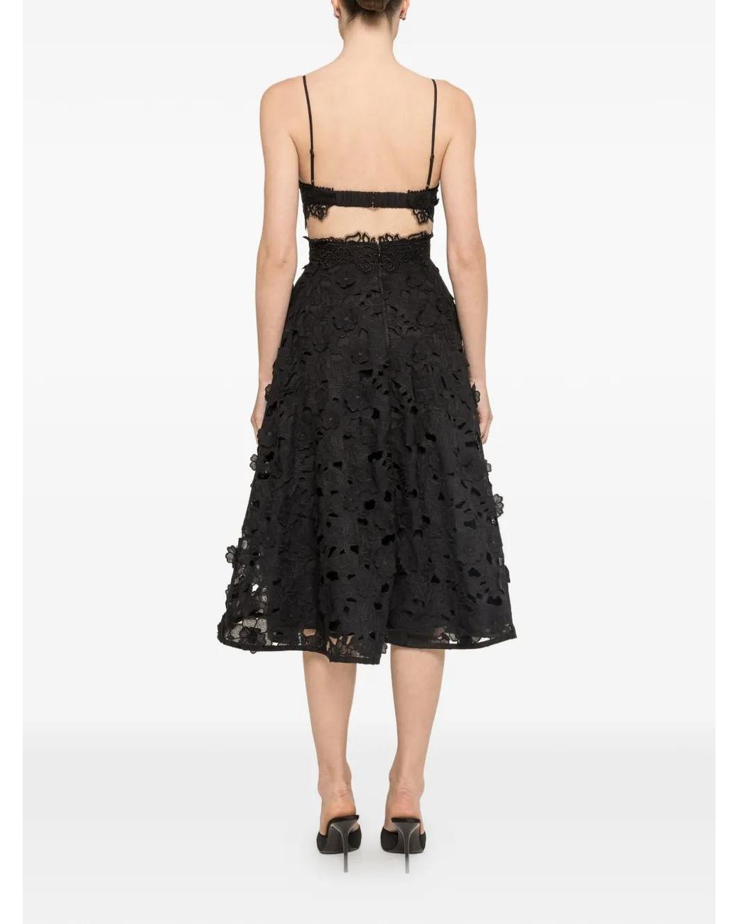 Nissa Black 3D Embroidery Cotton Midi Skirt