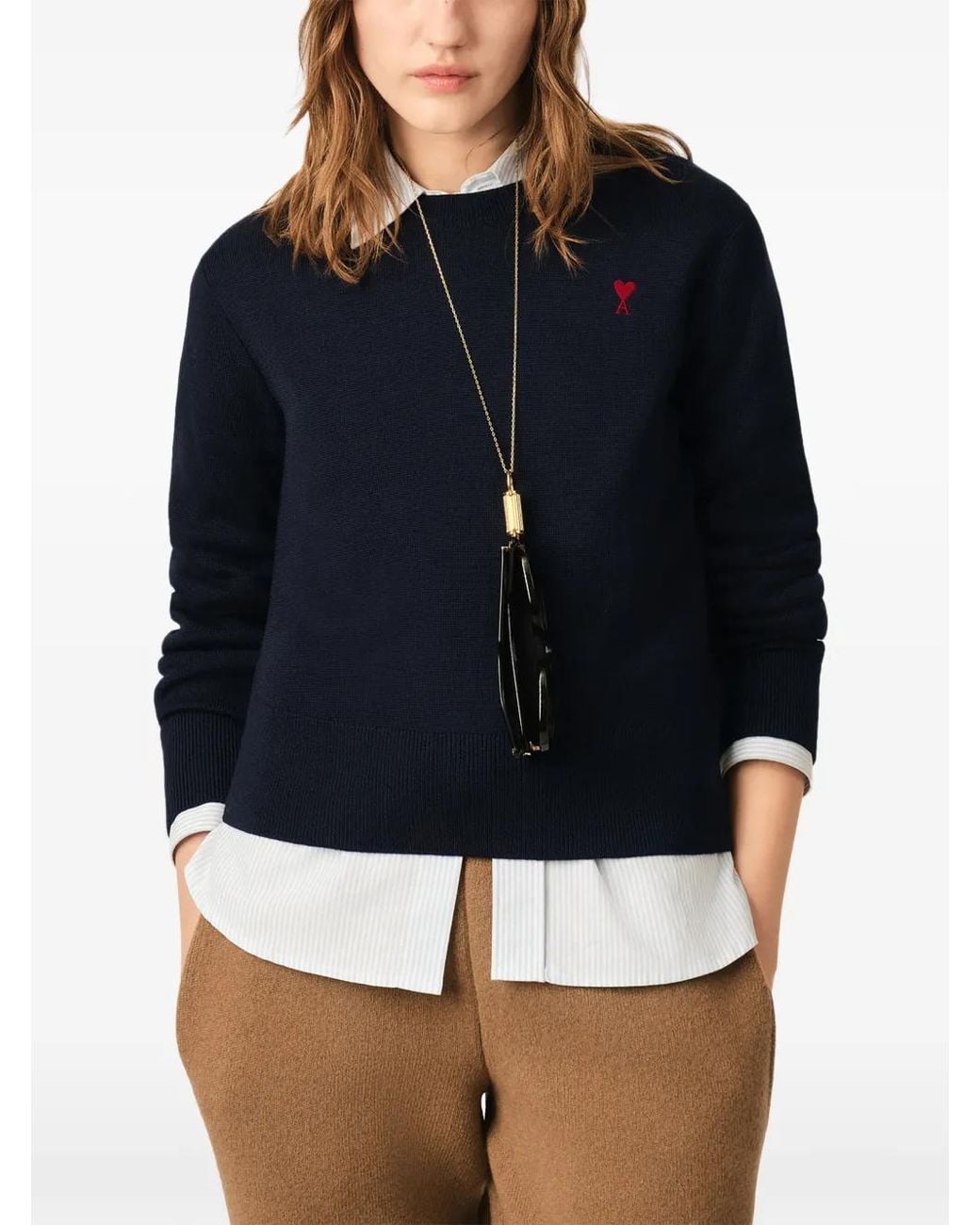 AMI Blue Wool Crewneck Sweater With Contrasted Ami De Coeur