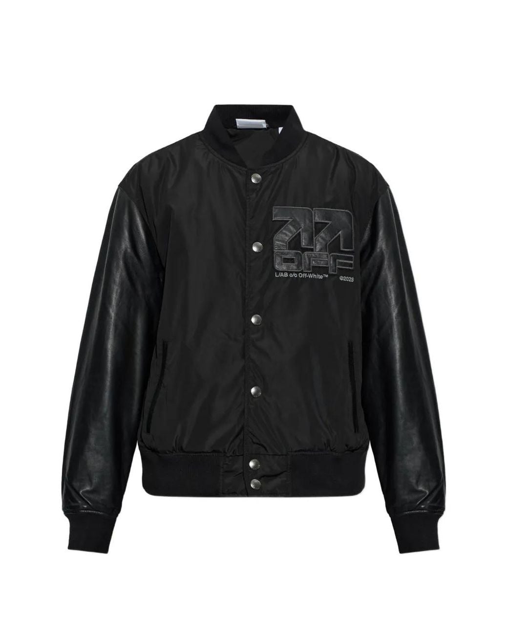 LAB C.O. OFF WHITE Black Leather-Sleeve Logo-Patch Bomber Jacket for men