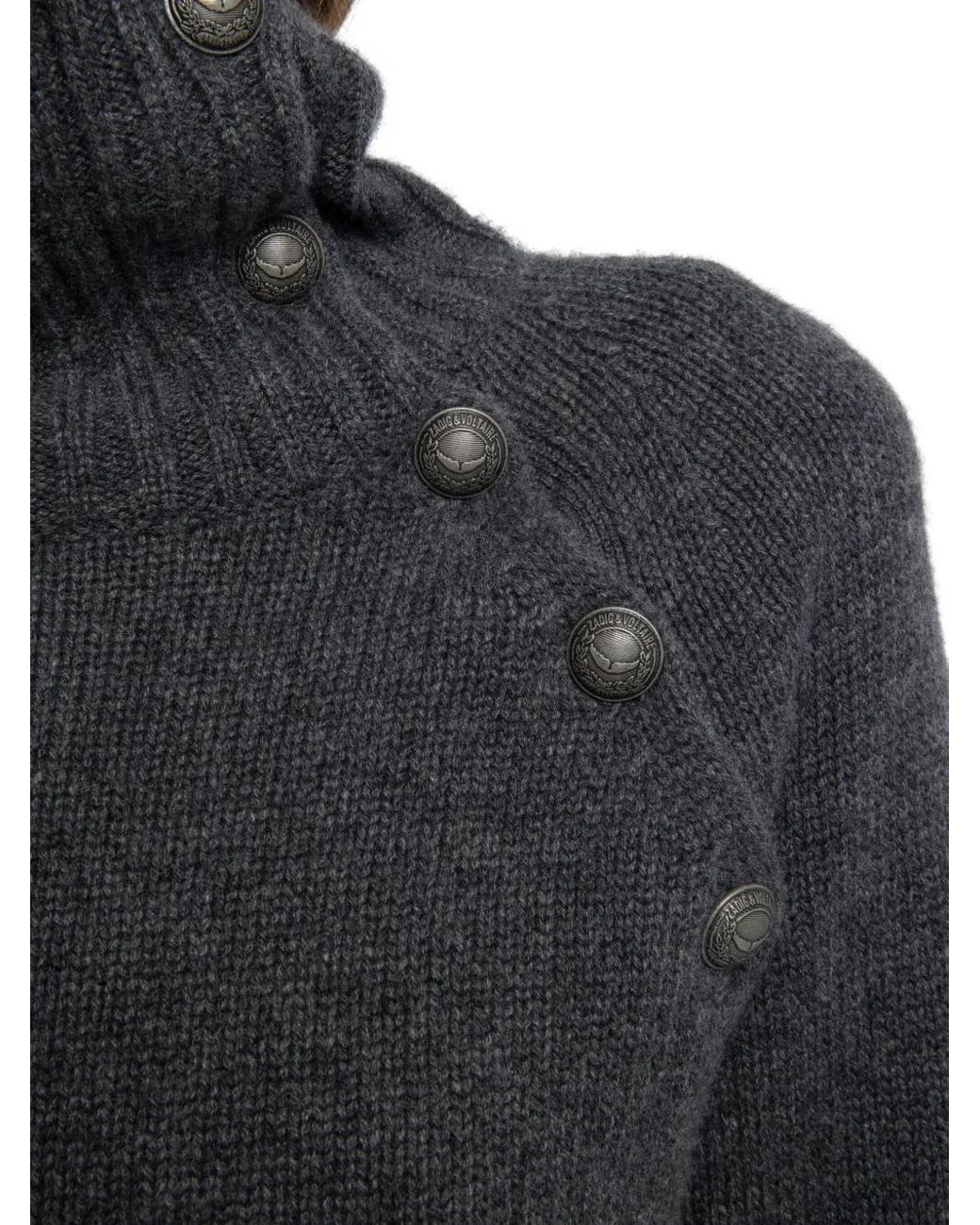 Zadig & Voltaire Gray Mora High-Neck Button-Detail Sweater