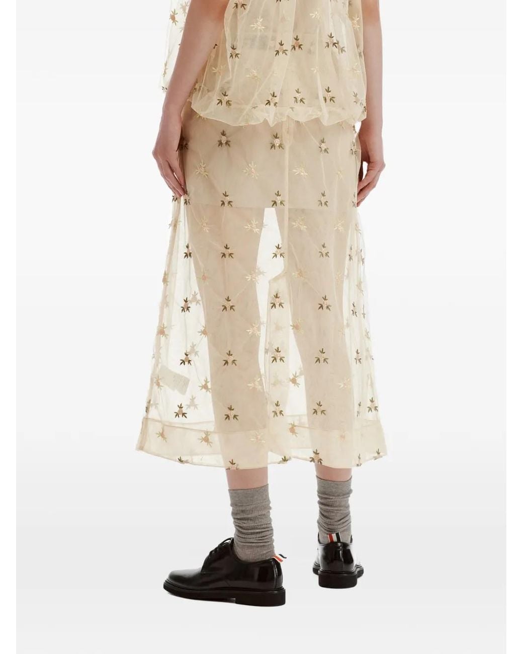 Simone Rocha Natural Ripple Floral-Embroidered Tulle Midi Skirt