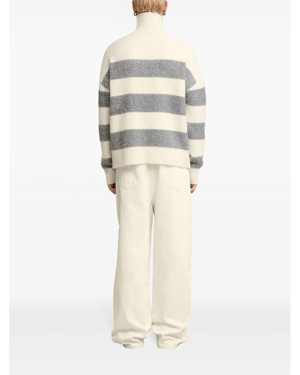 AMI Gray Funnel Neck Lurex-Striped Jumper