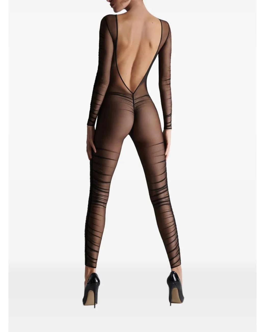Scandale Gray Sheer Ruched Catsuit