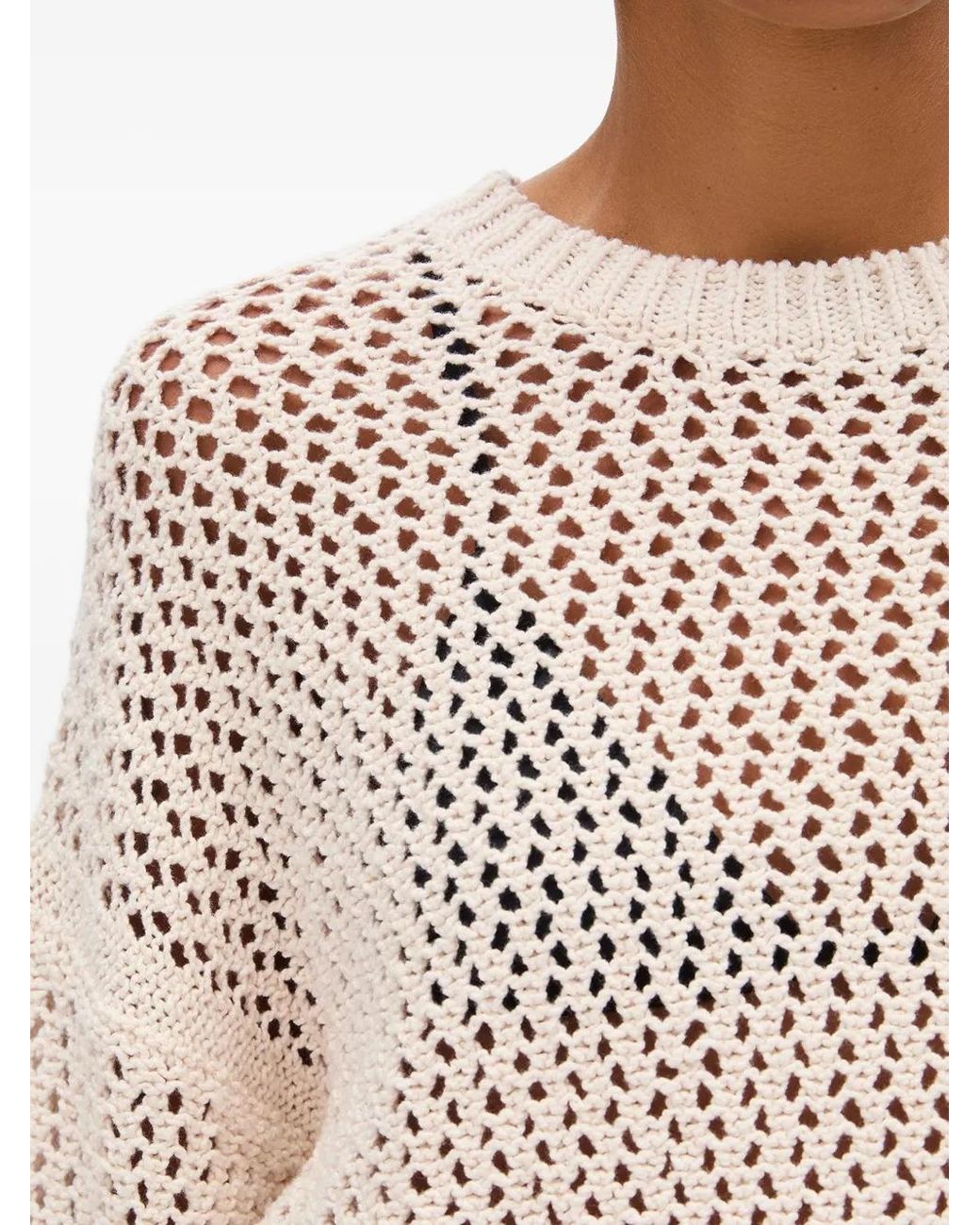 Another Tomorrow White Open-Knit Crew-Neck Sweater
