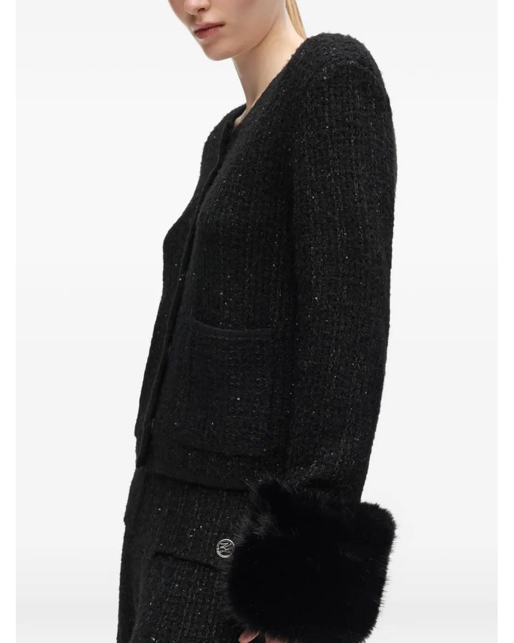 Karl Lagerfeld Black Faux-Fur Knitted Cardigan