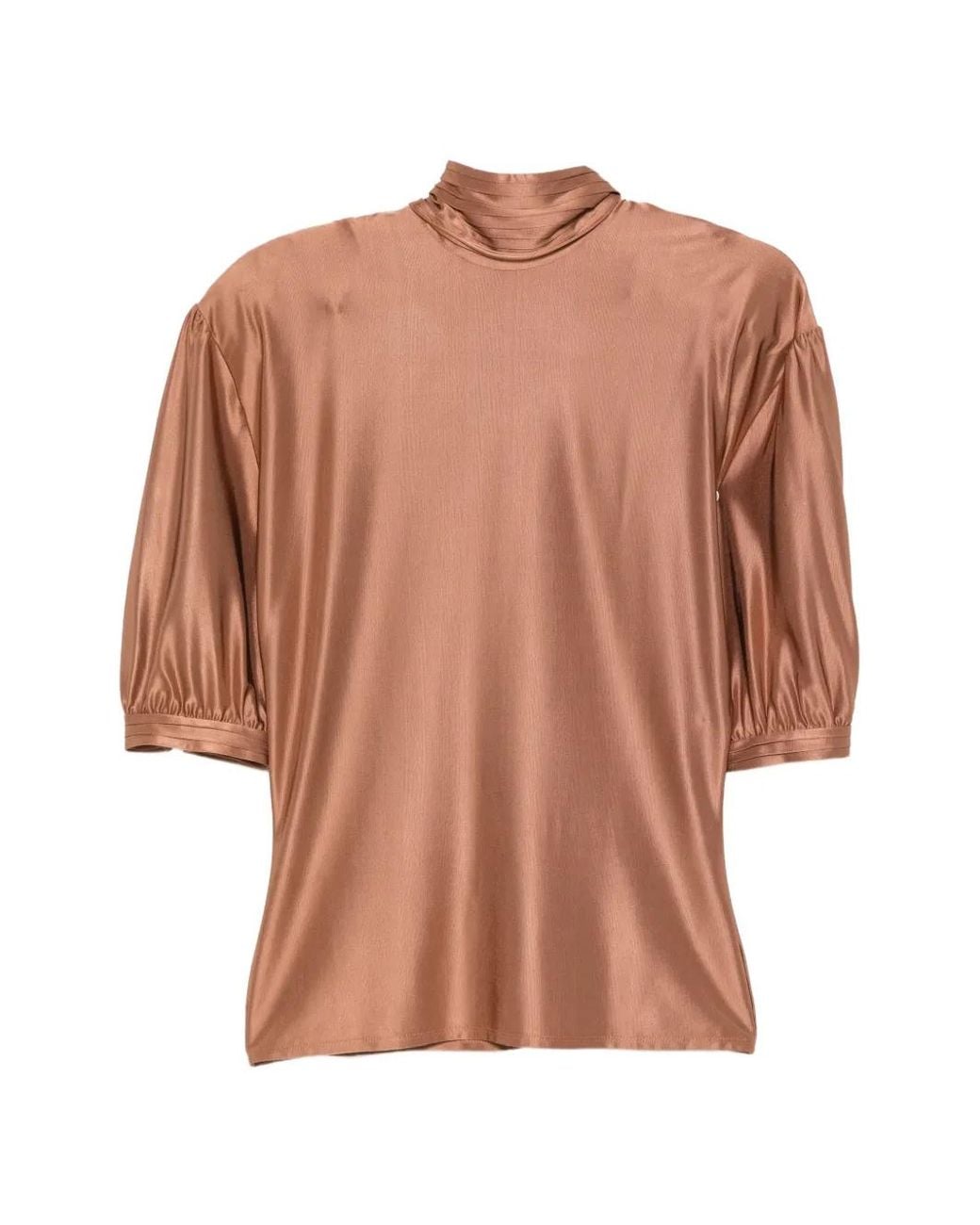 Rabanne Brown High-Neck Gathered-Waist Blouse