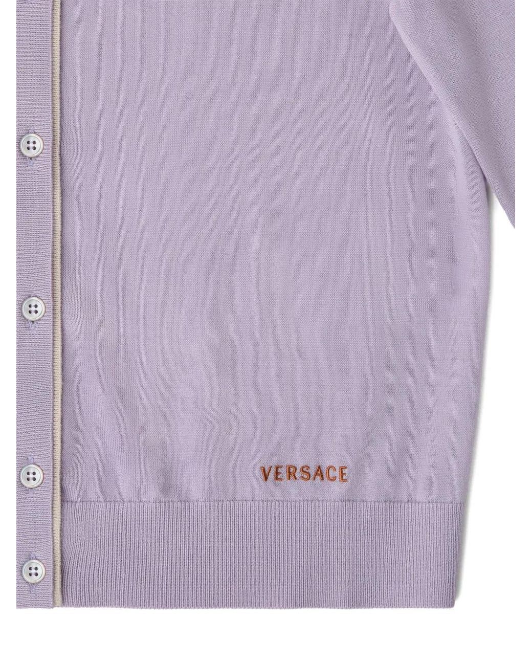 Versace Purple Contrast-Trim Logo-Embroidered Cardigan