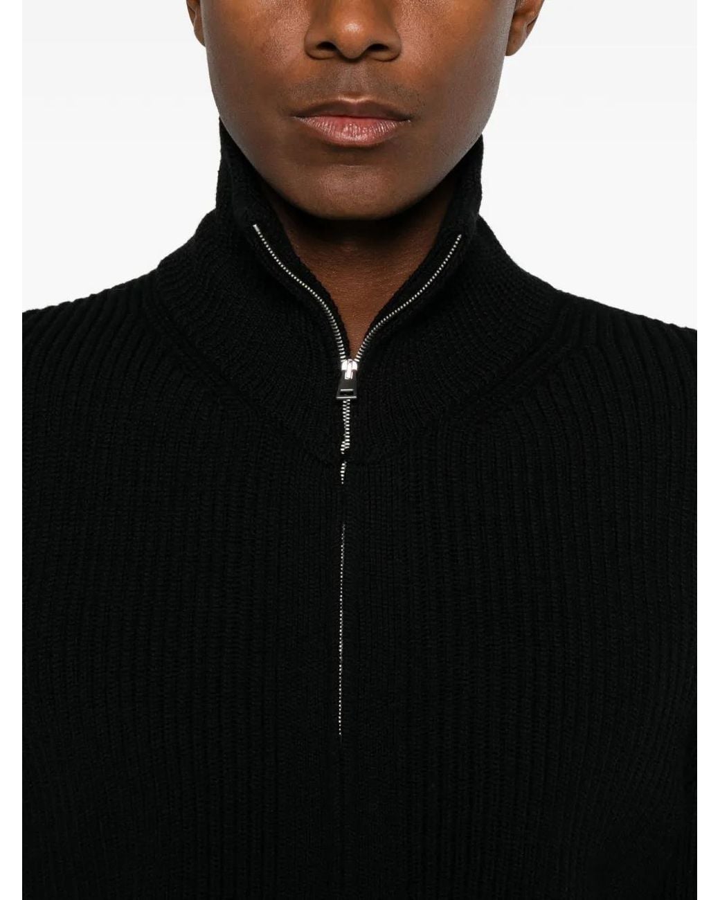 LUIGI GENTILE Black Ribbed-Knit Zip-Up Cardigan for men