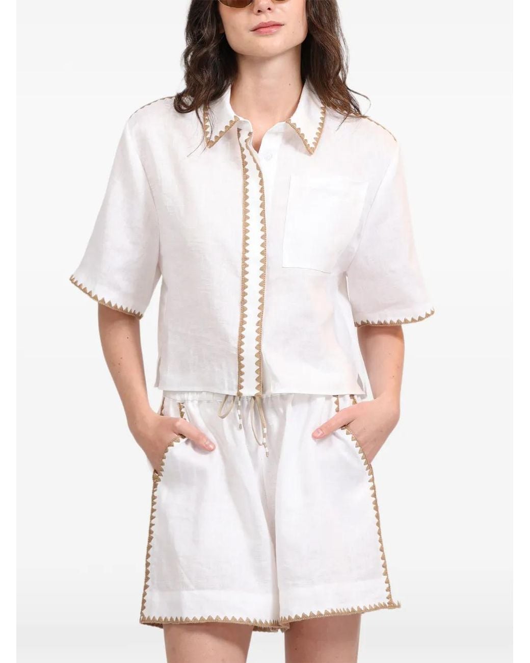 Las Sureñas White Mosaico Embroidered Linen Shorts