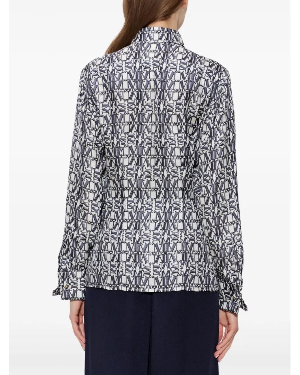 Max Mara Gray Monogram-Print Tie-Waist Blouse