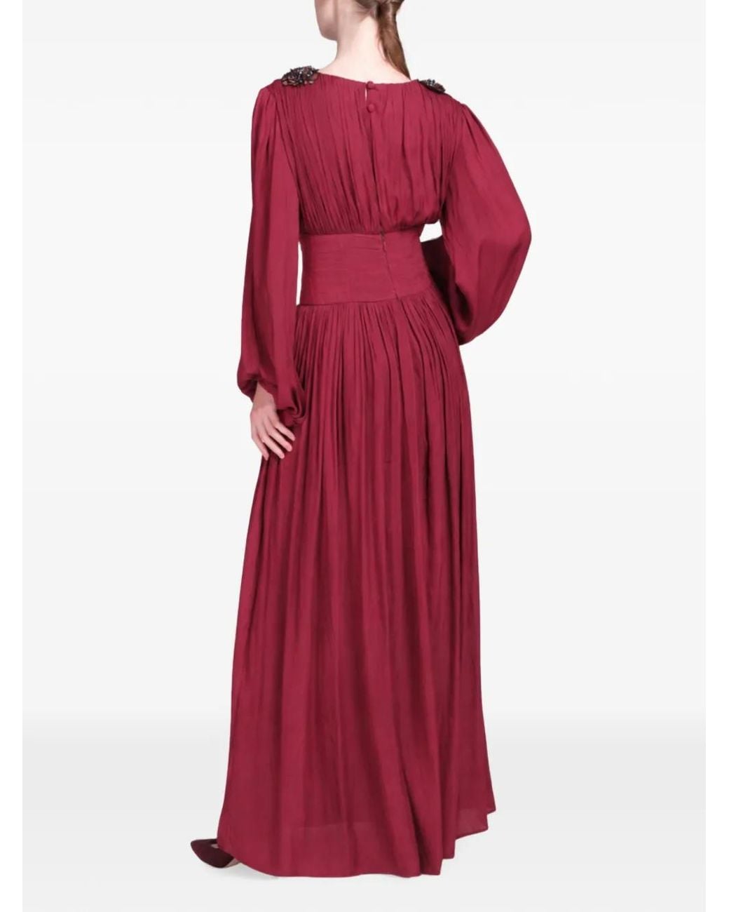 Baruni Red Layan Floral-Embellished Pleated Maxi Dress