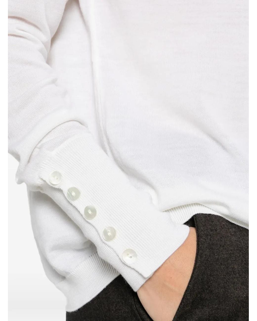 Alpha Studio White Button-Cuff Roll-Neck Sweater