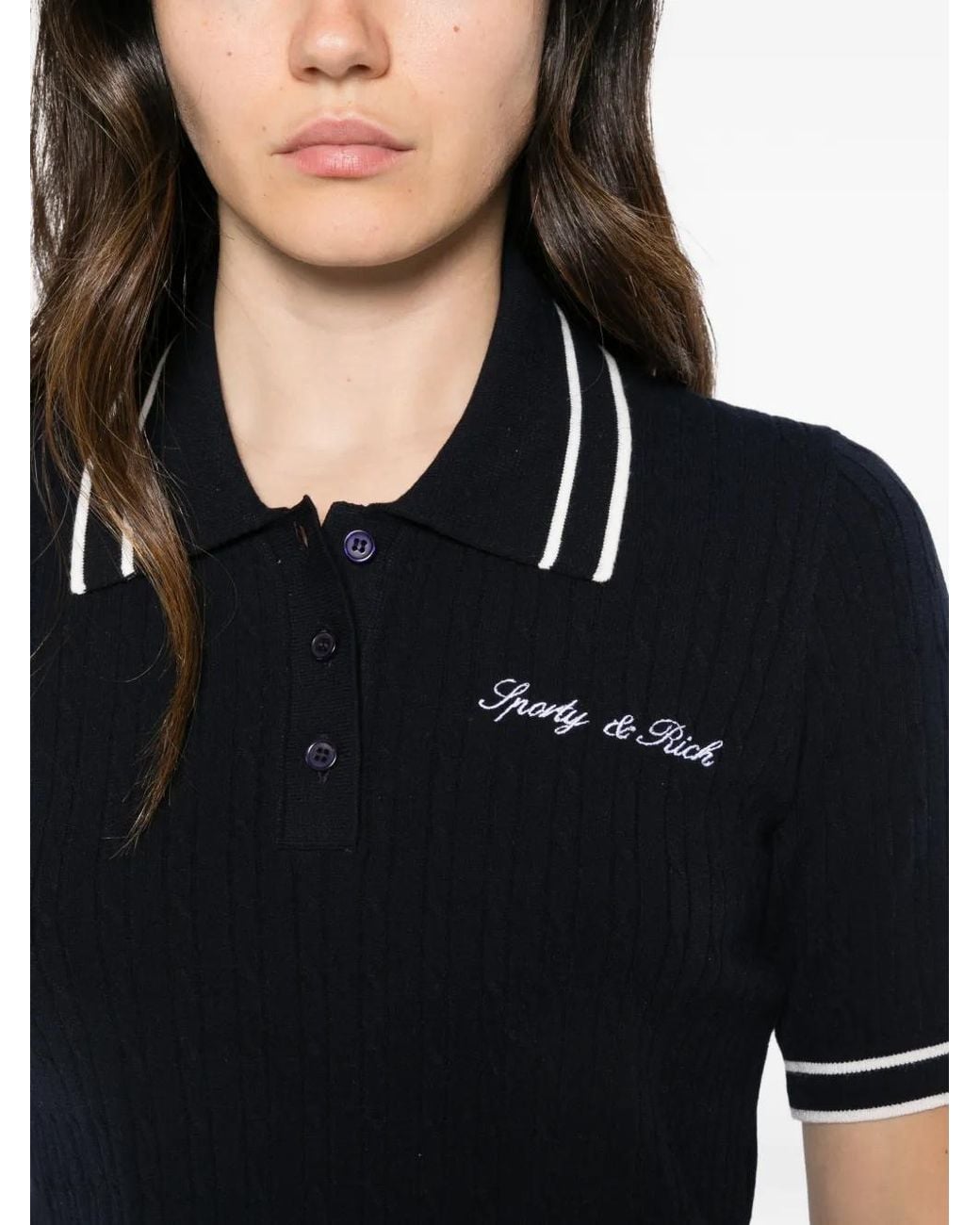 Sporty & Rich Black Cable-Knit Short-Sleeve Polo Top