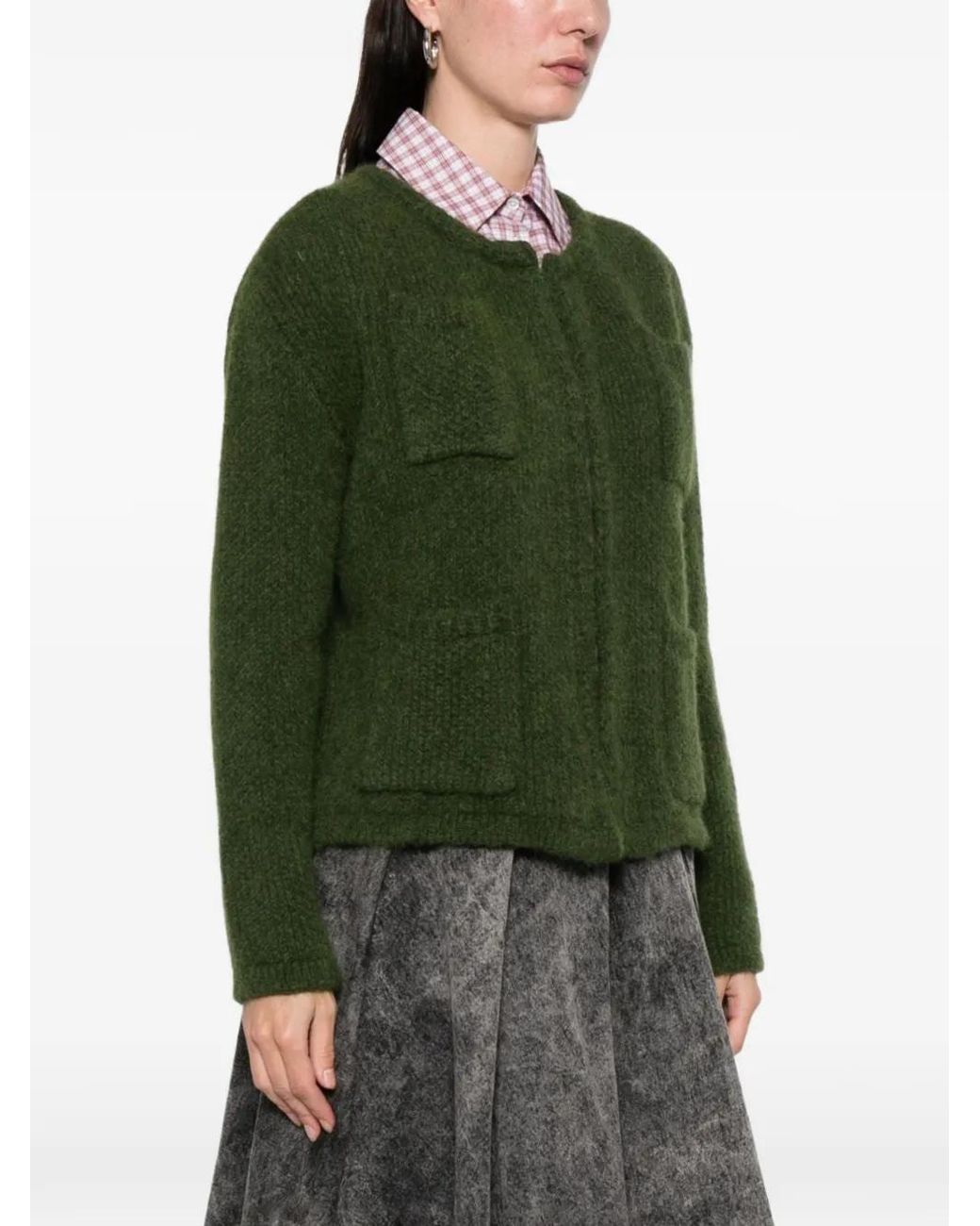 LN22 Green Patch-Pocket Knitted Cardigan