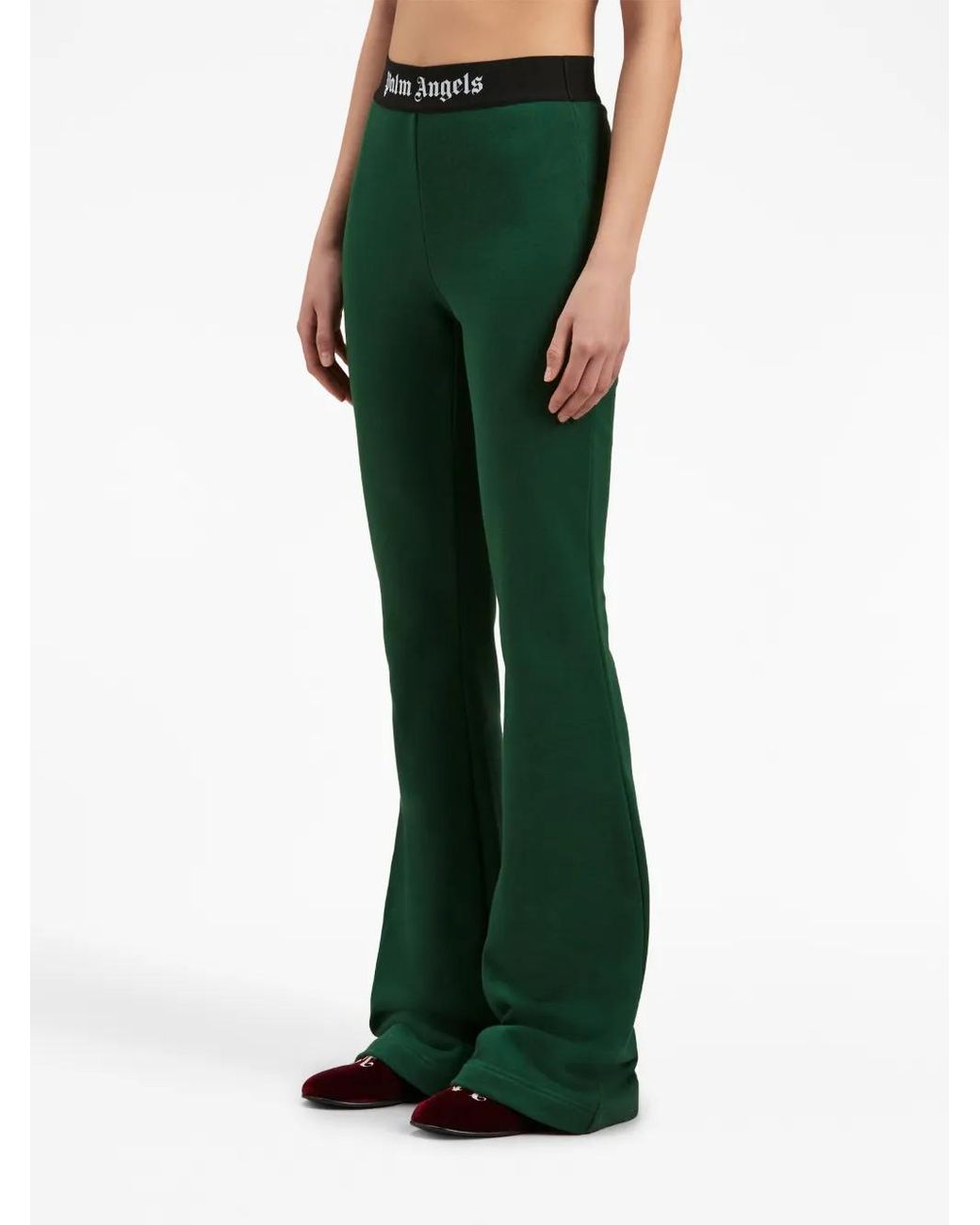 Palm Angels Green Logo-Tape Cotton Flared Trousers